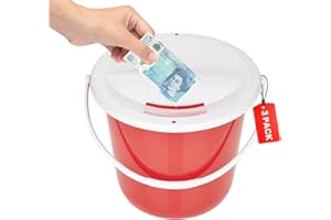MY CHARITY BOXES Plastic Coin Collection Bucket with Removable lid and Handle Charity Donation Collection Money Box Pail for Fundraising with top Slot for Tickets raffles and Money (Red) Pack of 3