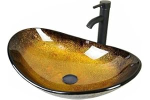 ‎ZEALWE ZealWe Waschbecken Aufsatzwaschbecken Glas, Waschbecken Aufsatz Waschschale Oval für Badezimmer, Handwaschbecken Gäste WC 53 × 35 × 15 cm Waschtisch Waschplatz, Schwarz Gold