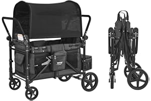 VEVOR Wagon Stroller for 4 Kids, Push Pull Quad Collapsible Stroller with Adjustable Handle, Safety Harness & Removable Canopy, 4-Seater Stroller Wagon for Camping, Dark Gray & Black (330LBS Loading)