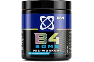 USN B4 Bomb Pre Workout Powder - 300g (20 Servings) Energy Drink Powder for Explosive Energy & Performance, 200mg Caffeine, 6000mg Citrulline, Creatine & 2000mg Beta Alanine - Blue Raspberry Flavour