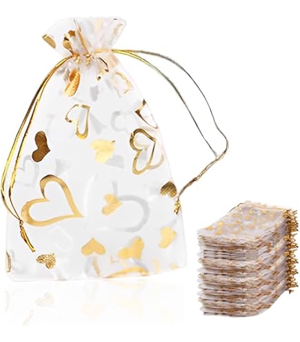 YANGWEN Organza-sieradenzakjes, gouden hartdruk, organza-zakjes