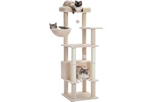 PETEPELA Arbre à Chat Maine Coon, Tour de Jeux pour Gros Chats avec Poteaux à Griffer en Sisal, Condo Spacieux, Grand Hamac et Perchoir Confort, 138cm, Gris