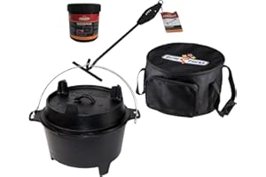 Grillfürst Dutch Oven ca. 6 Liter - stabil stehender Feuertopf durch speziell entwickelte T-Füße, hitzebeständiger Gusseisen Topf, Deckel nutzbar, DO6 inkl. Deckelheber, Tasche und Pflegepaste