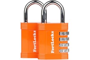 FORTLOCKS Cadenas Code 4 Chiffres | Cadenas à Code pour Casier de Gym, Travail et École, Valise, Garage, Portail, Clôture et Plus (Lot de 2, Orange)