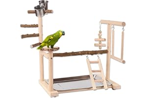 Honicemar Support de Perroquet - Aire de Jeux pour Oiseaux en Bois avec Échelle, Balançoire, Mangeoire, Plateau et Jouets de Gymnastique Perchoir pour Oiseaux de Petite à Moyenne Taille