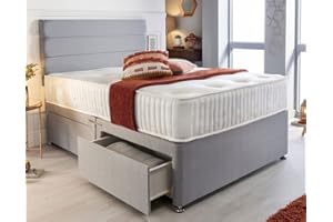 SANA SLEEP Premium Stylish Fabric Divan Bed Set With Open Coil Memory Foam Mattress, 2 Drawers (Same Side) and Matching Headboard 4FT Small Double - Naples Grey
