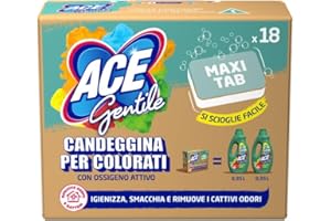 ACE Gentile Maxi Tabs – 18 Pastiglie monodose di candeggina delicata multiuso per superfici e lavatrice. Smacchia e igienizza, adatta a capi colorati, zero sprechi zero schizzi, con ossigeno attivo.
