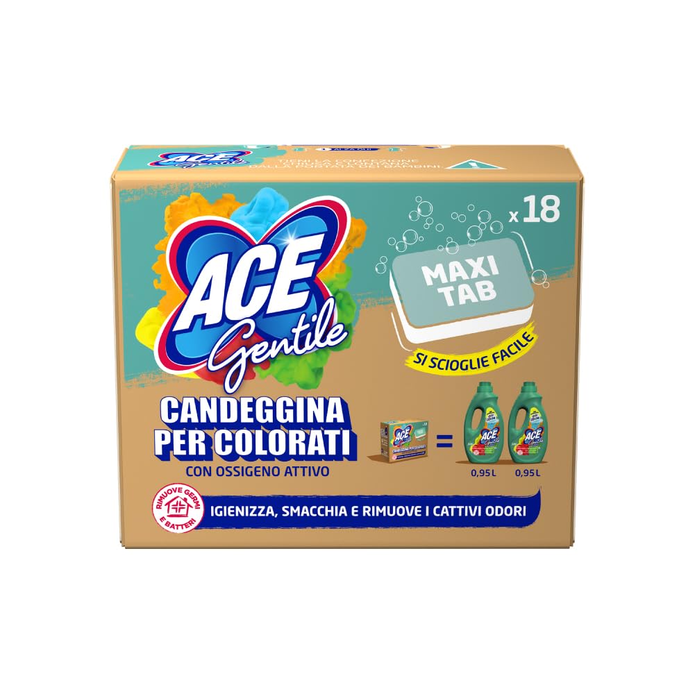 ACE Gentile Maxi Tabs – 18 Tabs idrosolubili monodose di candeggina delicata per lavatrice. Smacchia e igienizza, adatta a capi colorati, zero sprechi zero schizzi, con ossigeno attivo