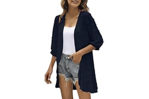 GENERIC Cardigan en tricot pour femme - Bleu - Court - Boléro festif - Manches 3/4 - Élégant - Veste d'été légère - Veste de transition pour femme - Cardigan fin - Ouvert à l'avant