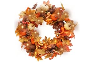 BOLAM Herbstkranz für Haustür, 40 cm künstliche Ahornblätter mit Licht, Türkranz, Herbstkürbisse, Beeren, Tannenzapfen, Dekorationen für die Haustür, Erntedankfest, Dekor für Halloween/Weihnachten/Hochzeit