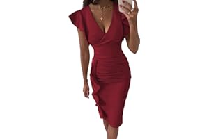 Geagodelia Abito da Donna Elegante con Manica Corta Abito Corto Donna Estivo con Scollo a V Profondo in Tinta Unita Abito Donna Cocktail da Sera