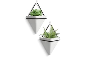 FairyLavie 10cm Hanging Planter, 2 Pack Ceramic Geometric Wall Planters Plant Holder Container with Hooks for Indoor Outdoor Wall Decor, for Family Friends