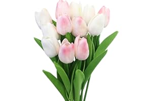 EASYKEENECOM Tulipani Artificiali, 12 Pezzi Fiori Finti di Tulipani, Artificiale Tulipani in Lattice per Matrimonio, Festa, Composizioni Floreali, Bouquet da Sposa (Bianco & rosa)