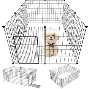 Pet Playpen With Door, Puppy Dog Fence Cage Indoor Outdoor Foldable Small Animal Exercise Play Yard for Small Animal, Puppy, Kitten, Rabbit, Guinea Pigs, Bunny, Turtle, Hamster Kennel-10 PCS (Black)