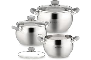 Daniks Modern Batteria di Pentole Acciaio Inox con Coperchi, Casseruole per Induzione con Manici in Silicone, 6 Pezzi: 16/18/20 cm, Scala di Misura, Argento