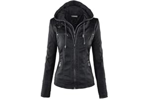 Newbestyle Kapuzen Kunstleder Damen Jacke mit Reißverschluss Motorradjacke Bikerjacke Kapuzenjacke Übergangsjacke Ladies Oberbekleidung (Normale EU-Größe)