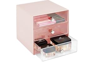 mDesign organiseur de bureau en plastique résistant – tour de rangement à cosmétiques pratique 3 tiroirs – boite de rangement plastique chic avec poignées chromées – rose clair/transparent