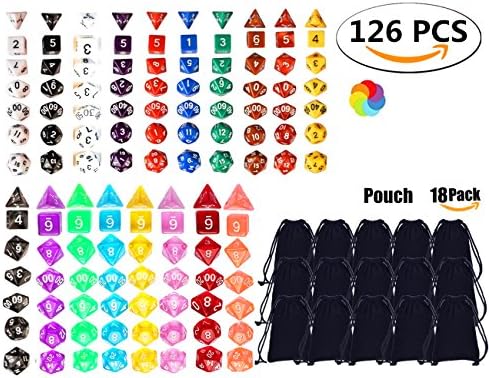 Polyhedral Dice Set,FTUNG 7 x 18-126PCS 18 Kinds of Colour Dice Complete set for Dungeons and Dragons DND RPG MTG D20 D12 D10(00-90 and 0-9) D8 D4 Table Games with 18PCS Free Velvet and Satin Dice Pouches