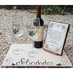 Regalo Boda de Plata/Oro personalizado con copas, vino y tabla