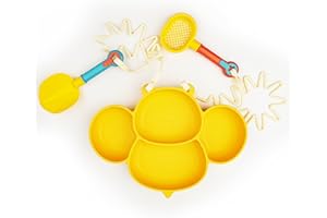 OMOOJEE Silikonowy talerzyk do ssania z 2 regulowanymi paskami, antypoślizgowy zestaw talerzyków dla małych dzieci, można myć w zmywarce (Bee, żółty)