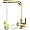 DAYONE Brushed Gold 3 Way Water Filter Tap, Triflow Drinking Water Tap, SUS304 Stainless Steel 360 Swivel Sink Mixer Tap, Dual Lever 3 in 1 Kitchen Sink Mixer, UK G1/2'' Kitchen Faucet