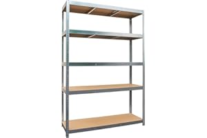 G-Rack 5-Tier Garage Shelving Unit with 175kg Load Per Shelf - Single Bay Shelving Unit - 180cm x 90cm x 40cm - Galvanised Metal Frame with MDF Boards for Garage, Home, or Office Storage