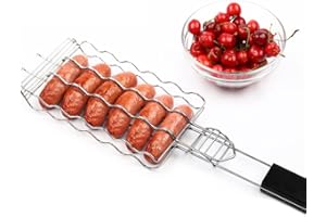KENANLAN BBQ Sausage Grill Barbecue Grilling Basket 6 Hot Dogs Metal Barbecue Sausage Rack with Long Handle Grill Mesh Clip Holder Picnic Kitchen Tools