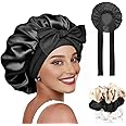 Candibella Silk Bonnet for Hair with 3 Scrunchies, Adjustable Silk Hair Cap for Sleeping, Satin Bonnet for Curly Hair with Wide Elastic Tie Band
