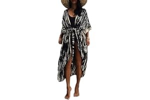 Bsubseach Stylish Tie Dye Open Front Long Kimono Swimsuit Cover up for Women