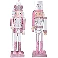 2 P Christmas Wooden Nutcracker Soldiers,30cm Pink Nutcracker King Ornaments,Premium Pine Wood Nutcracker Christmas Decor for Home Fireplace Xmas Figures Puppet Soldiers Gifts Toy Spear & Sword