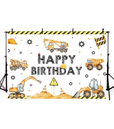 Sfondo Compleanno Escavatori 5x3ft - Telo Fotografico Per Feste Bambini