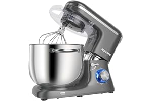 Aumate Impastatrice Planetaria, Impastatrice Professionale 8 Litri 1400W, Impastatrice Pizza con Uncino Impastatore, Mescolatore e Frusta Sbattitrice, 6 Velocità Food Mixer (Grigio, 8 Litri)