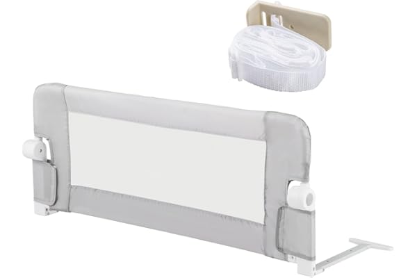 LIFEZEAL Barrière de Lit Bébé Pliable avec Sangles, Barriere de Securite Enfant Remplie de Coton, Protection Contre Les Chutes de Lit en Tissu Oxford (Gris, 105 * 43 CM)