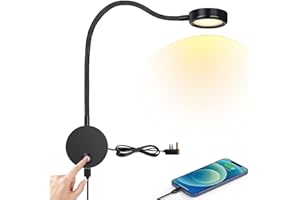 ERWEY Wall Reading Light - LED Bedside Lamp with Touch Button, 3000-6000K, 4W, 360°Flexible Gooseneck, USB Charging, for Bedroom, Black