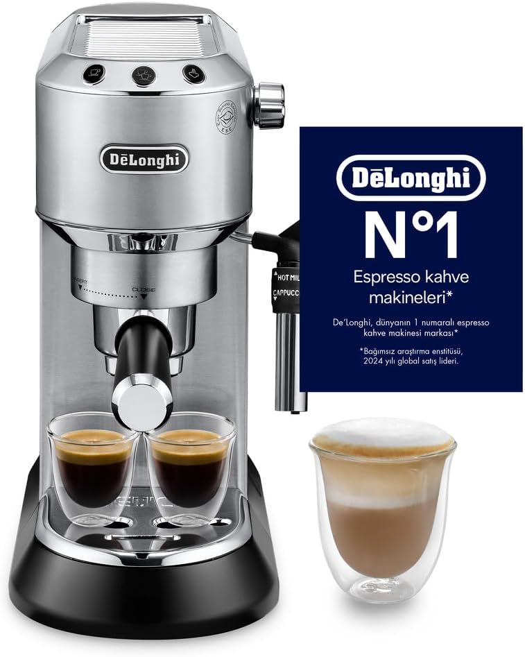 De'Longhi Dedica Manuel Espresso Makinesi, 15 cm Genişlik, 1 L Kapasite, 1350W, 15 Bar Basınç, Paslanmaz Çelik (EC 685.M)