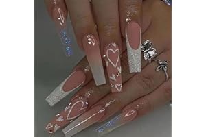 Luvadeyo 24PCS French Press on Nails Coffin Long Fake Heart Nails Design Acrylic Full Cover Artificial Bling False Nails for Women and Girls