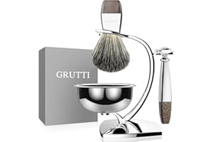 Set di rasatura GRUTTI, rasaio di lusso per cromoterapia e supporto per pennelli con spazzolino per sapone e spazzola per rasoi per capelli e lama a doppio taglio compatibile con rasoio di sicurezza