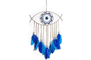 WisePoint Devil's Eye Dream Catcher, Handmade Cotton Wall Decor Dreamcatcher with Bohemian Feather, Wall Hanging for Bedroom,Dormitory,Cars,Wedding, Birthday,Party,Blessing Gift (beige+blue)