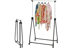 BAKAJI Stand Appendiabiti Singolo Pieghevole Regolabile in Acciaio e Plastica Dura, Aste Telescopiche, Facile da Montare con 4 Ruote, Esposizione Negozio, Appendi Abiti Professionale (Nero)