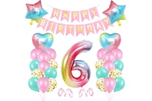 BLUELVES Luftballon 6 Geburtstag Rosa, Geburtstagsdeko 6 Jahr Mädchen, Riesen Folienballon 6 Rosa, Deko 6 Geburtstag Mädchen, Ballon 6 Deko zum Geburtstag, Bunt Folienzahlen Ballons 6, Banner