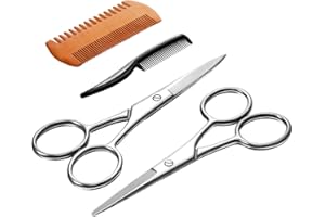 TecUnite 4 Pieces Mustache Scissors Grooming Kit for Men, Beard Trimmer Set, 2 Small Combs and 2 Scissors Beard Trimming Kit with Storage Bag Box
