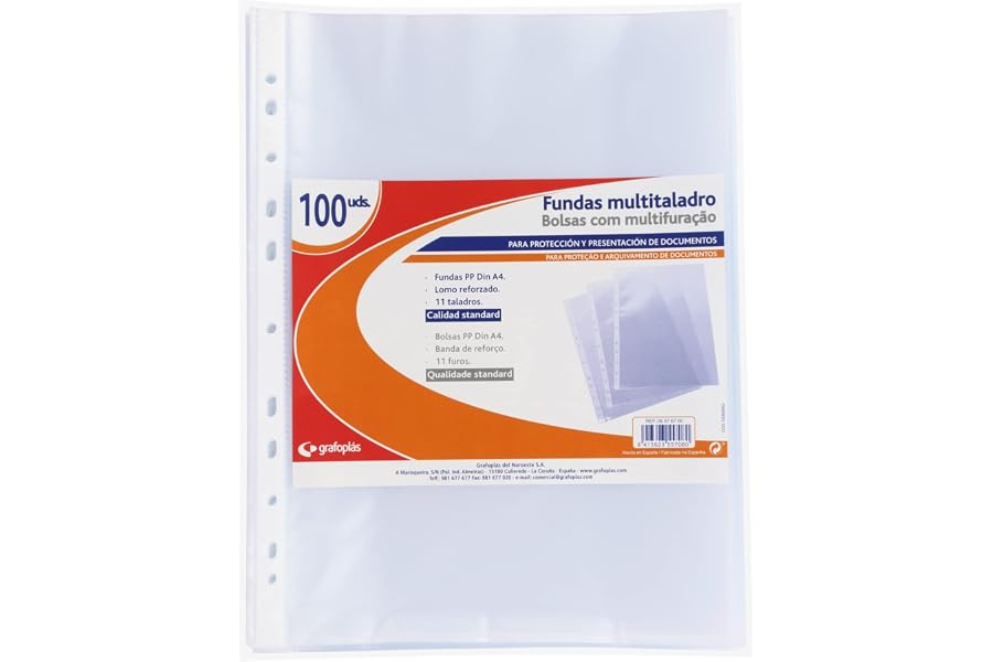 Grafoplas - Pack de 100 Fundas Multitaladro A4, Polipropileno Estándar, Color Transparente, Piel Naranja, Perfectas para Prot