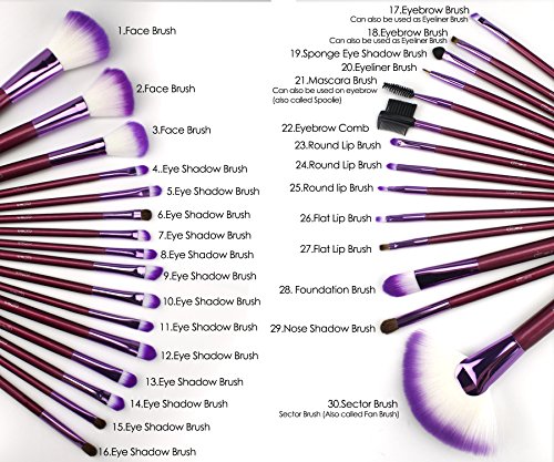 Glow 30 teilig Make-up Pinselset (Lila) + Tasche - 4