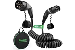 ‎ECOPOINT ECOPOINT 11-7.5-SPR Typ 2 Ladekabel für Elektrofahrzeuge, 11 kW, tragbares 3-Phasen 16A, Mennekes Mode 3 Ladekabel für EV und PHEV (7.5M Spiralkabel)
