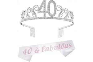 REYOK Diadème pour 40e anniversaire avec strass et peignes - Couronne argentée pour 40e anniversaire Accessoires de fête - Superbe écharpe blanche et rose