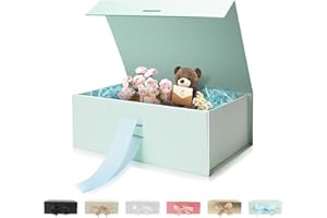 SEKEPINGO Boîte cadeau magnétique de luxe vert menthe, 22 x 16,5 x 8 cm, boîte d'emballage moyenne avec ruban, papier déchiqueté, carte de vœux, facile à assembler, boîtes à dragées pour fête prénuptiale,