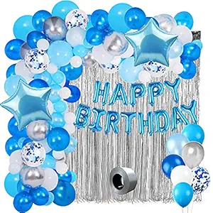Party Propz Blue Star Theme Birthday Decoration Kit Combo 70Pcs Happy Birthday Banner Foil Metallic Balloon With Foil Curtain For Boys, Husband, Kids, Adult, 21St, 25Th, 30Th, 40Th, 50Th