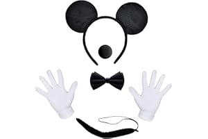 BJPERFMS Minnie Mickey Oreilles, 5 pièces Ensemble Costume Animal, Souris Oreille Bandeau, Gants Blancs, Nez Noir, Noeud Papillon, Queue, Carnaval Accessoire, Party Déco