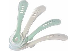 BÉABA, Lot de 4 Cuillères en Silicone pour Bébé et Enfant, 2ème Âge, à partir de 12 mois, Souple, Bout arrondi, Manche Ergonomique, Velvet grey/Sage green