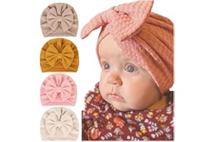 freesiom Lot de 4 Turban Bonnet Bébé Fille Garcon Naissance Coton Hiver Chuad Doux Chapeaux Bandeau Cheveux Noeud Elastique Serre Tête Accessoires Nouveau Né Baptême Cadeau 0-12 Mois